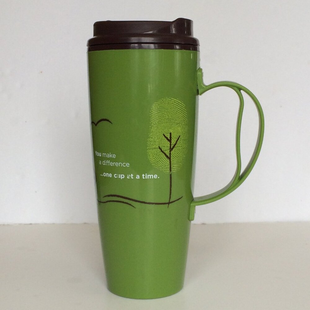 Tim Hortons Thermo-Serv One Cup At A Time Green Plastic Tumbler Travel Mug Lid